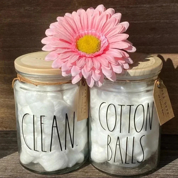NEW - Rae Dunn - CUTE reusable COTTON BALL Glass Jar with wooden Lid - Picture 2 of 8
